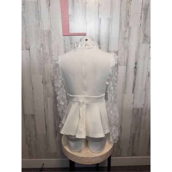 Womens Tops Floral Applique Ruffle Hem Frill Trim Top - Picture 4 of 7